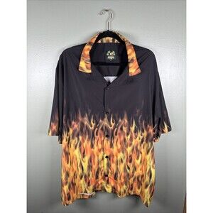 Benny's Black Flames Bowling Stretch Hawaiian Y2K Button Up Shirt Men’s Size 2XL